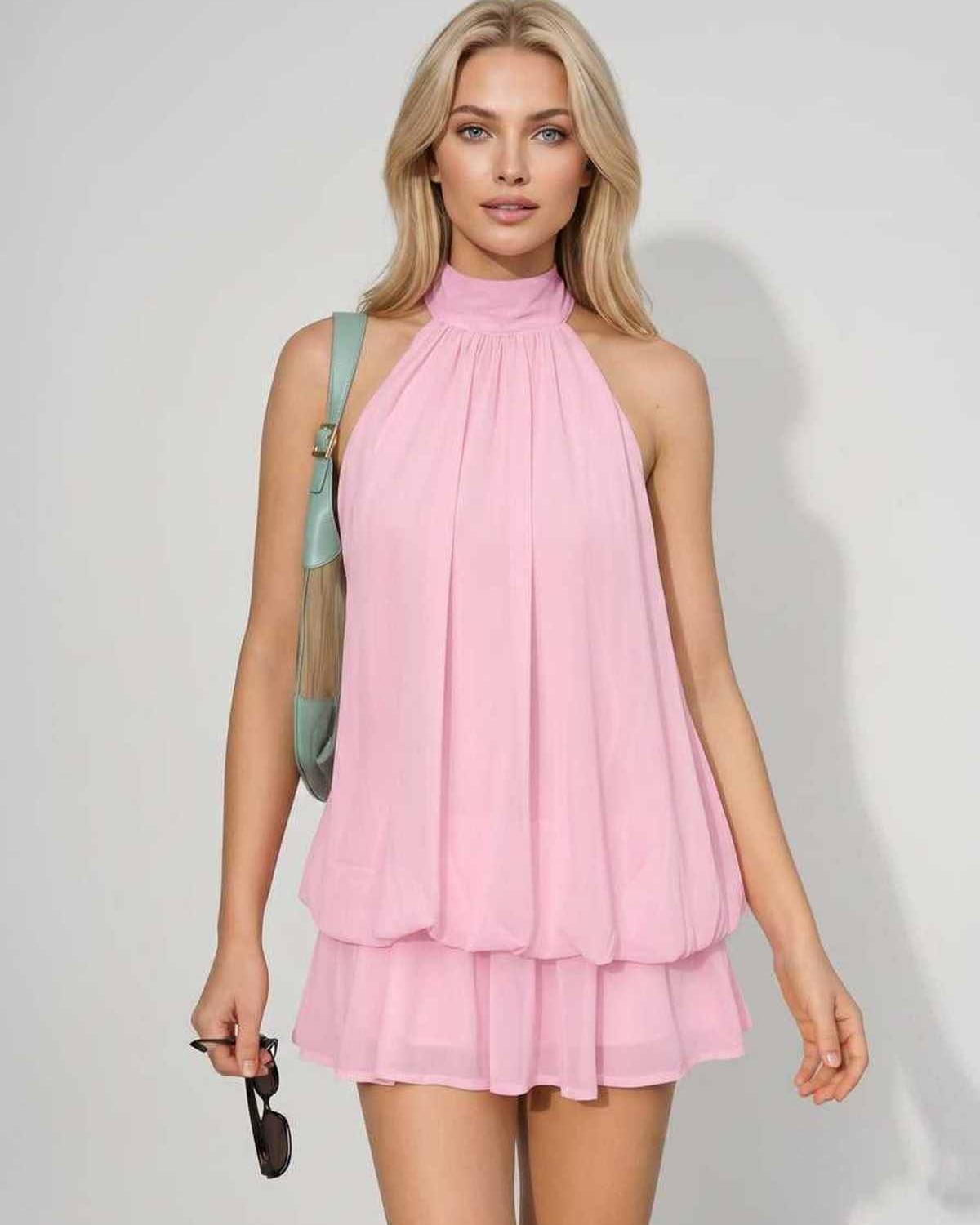 Lunelle Mini Dress by Lauven — polyester sleeveless tie neck loose fit mini dress