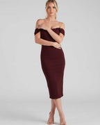 Celeste Midi Dress by Lauven — crepe-lined off-shoulder corset fitted midi dress