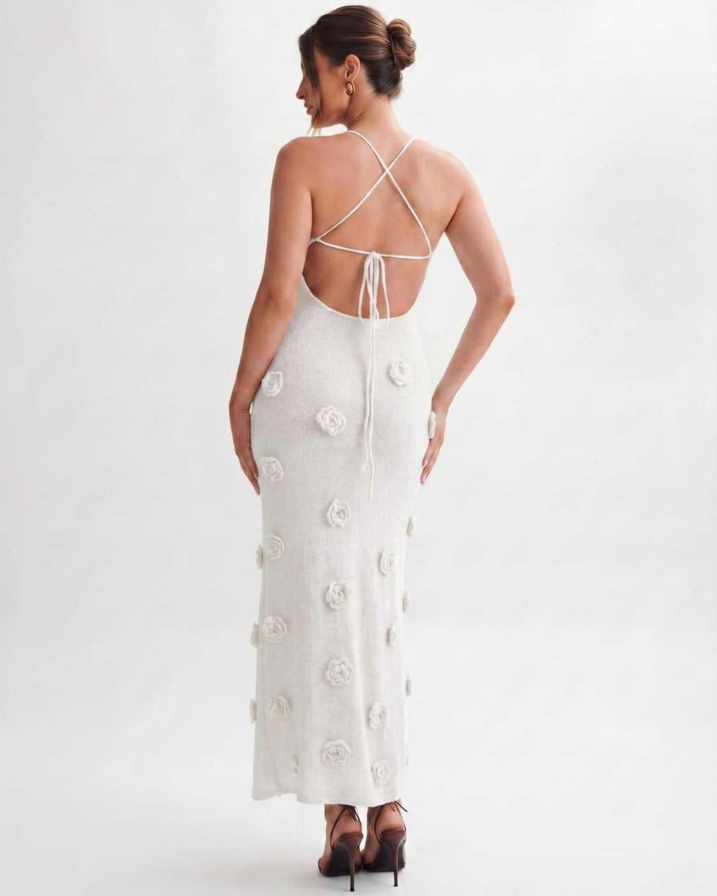 Rosette Maxi Dress by Lauven — textured polyester knit sleeveless V-neck floral maxi dress