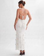 Rosette Maxi Dress by Lauven — textured polyester knit sleeveless V-neck floral maxi dress