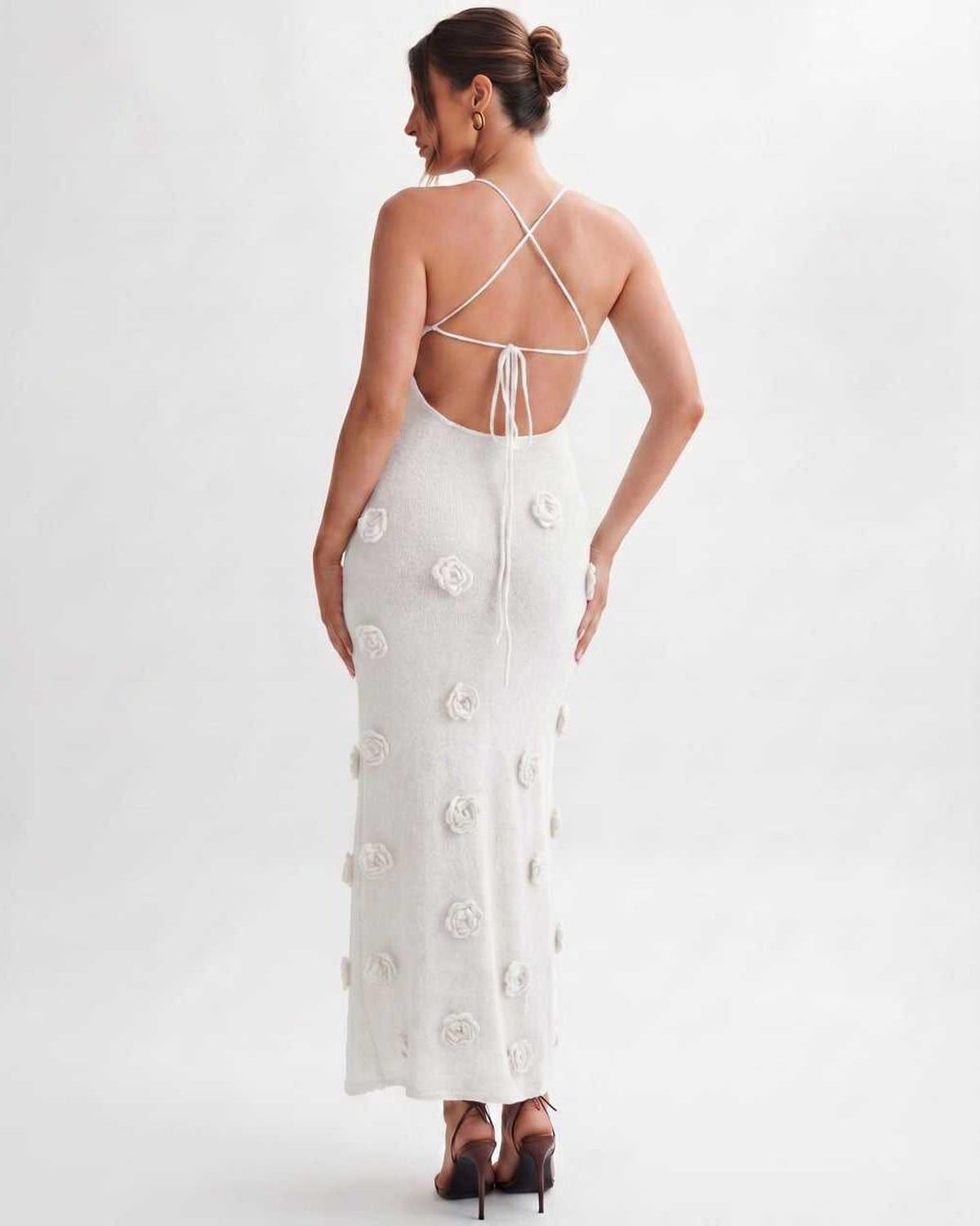 Rosette Maxi Dress by Lauven — textured polyester knit sleeveless V-neck floral maxi dress