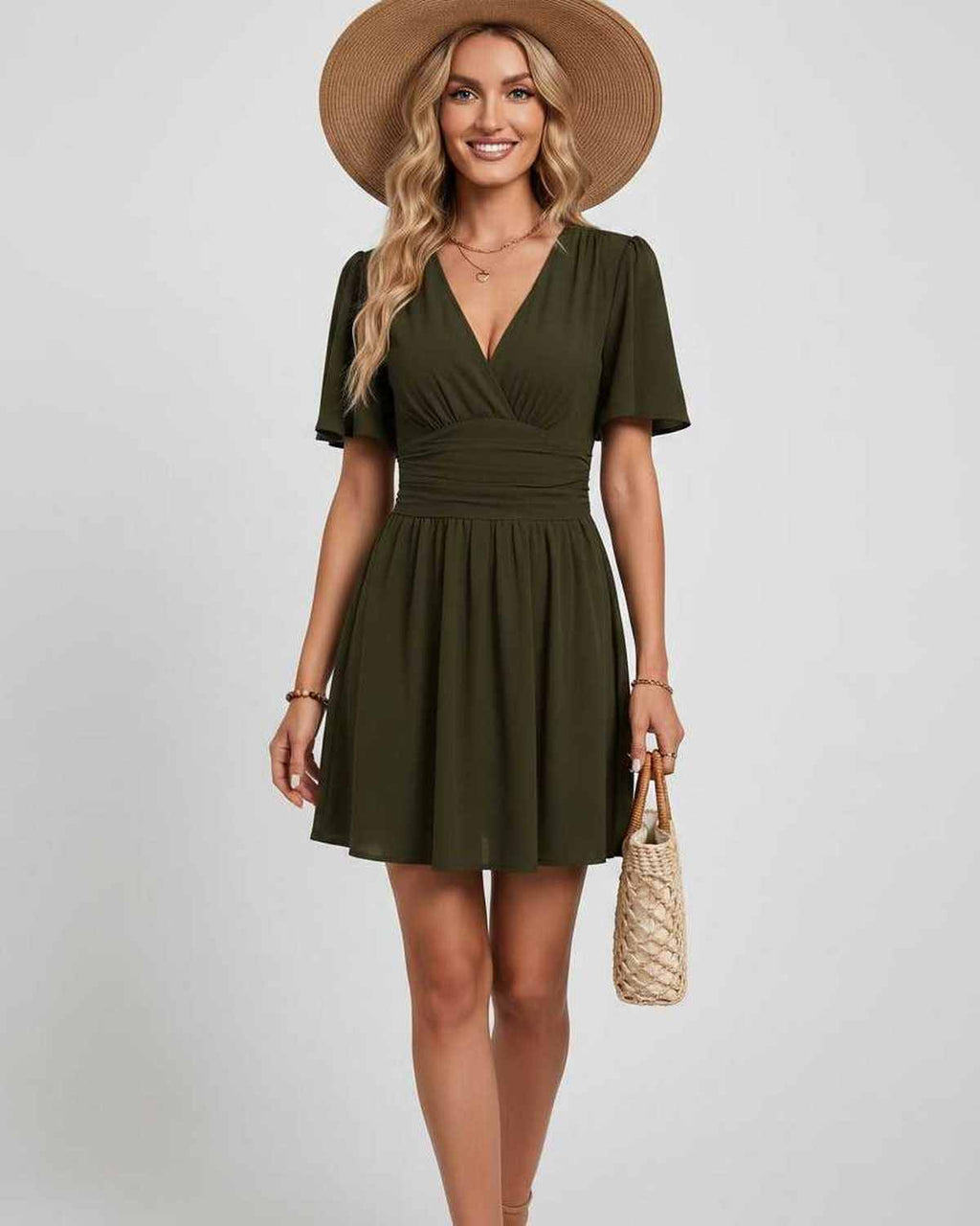 Calista Mini Dress by Lauven — chiffon ruffled short sleeve V-neck A-line mini dress