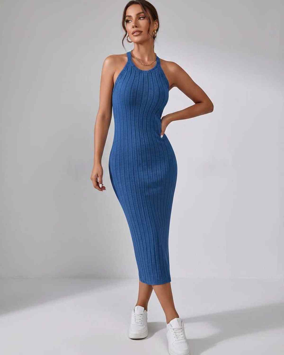 Lunara Midi Dress by Lauven — ribbed knit sleeveless crew neck slim-fit midi dress