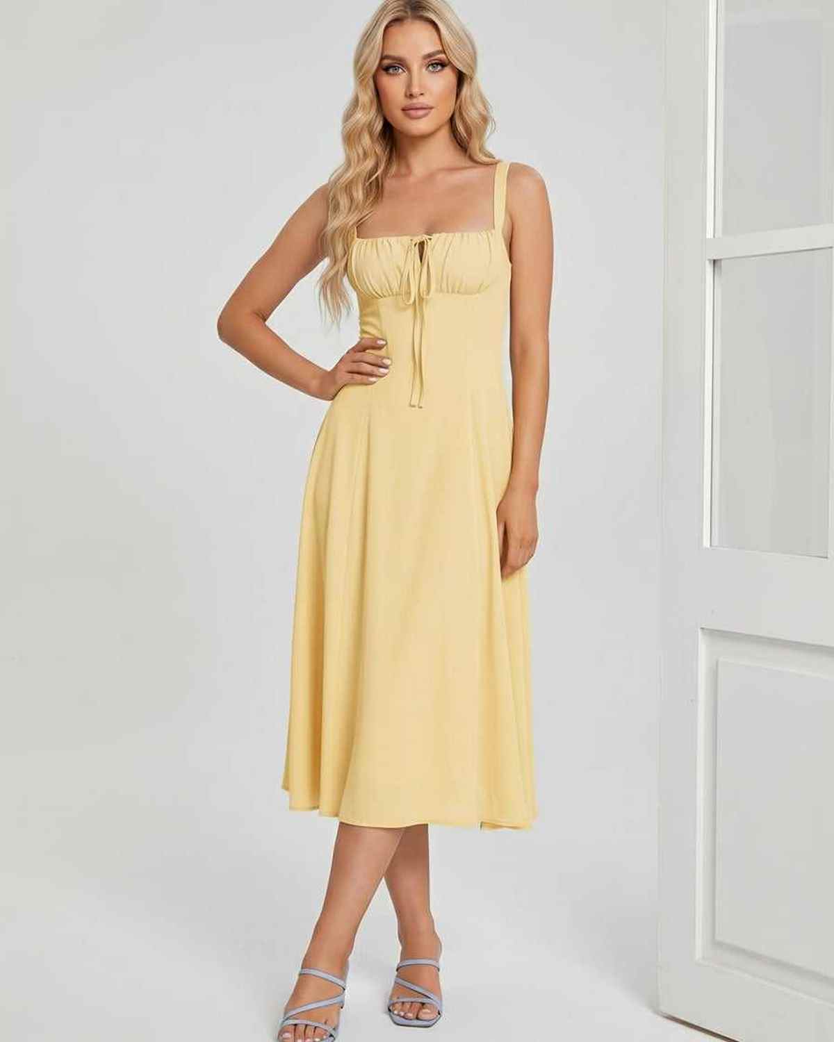 Serelune Midi Dress by Lauven — lightweight sleeveless square neck A-line midi dress