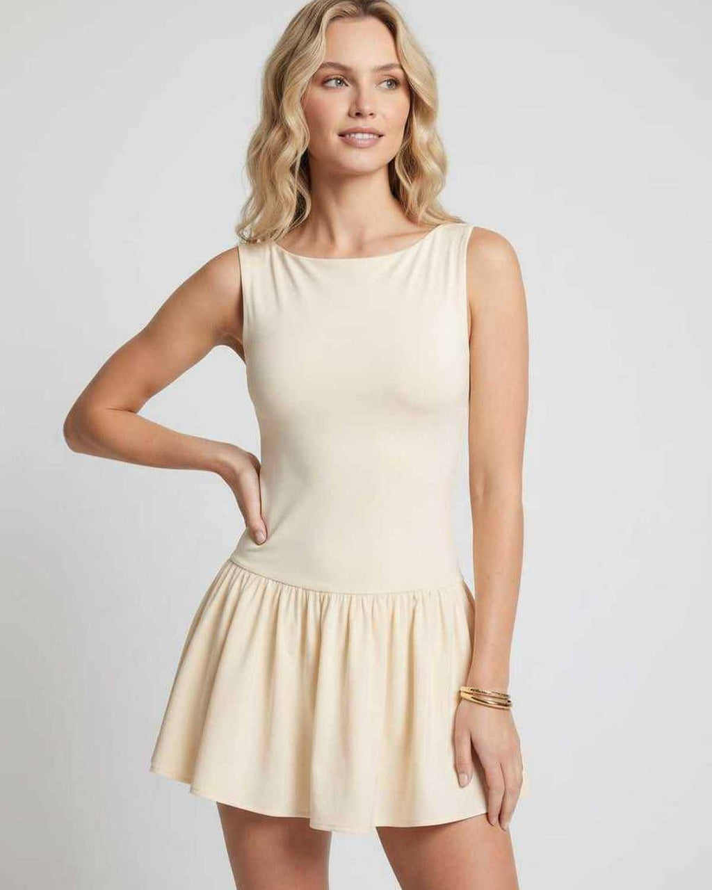 Vesper Mini Dress by Lauven — stretch knit sleeveless bateau neck drop waist pleated mini dress