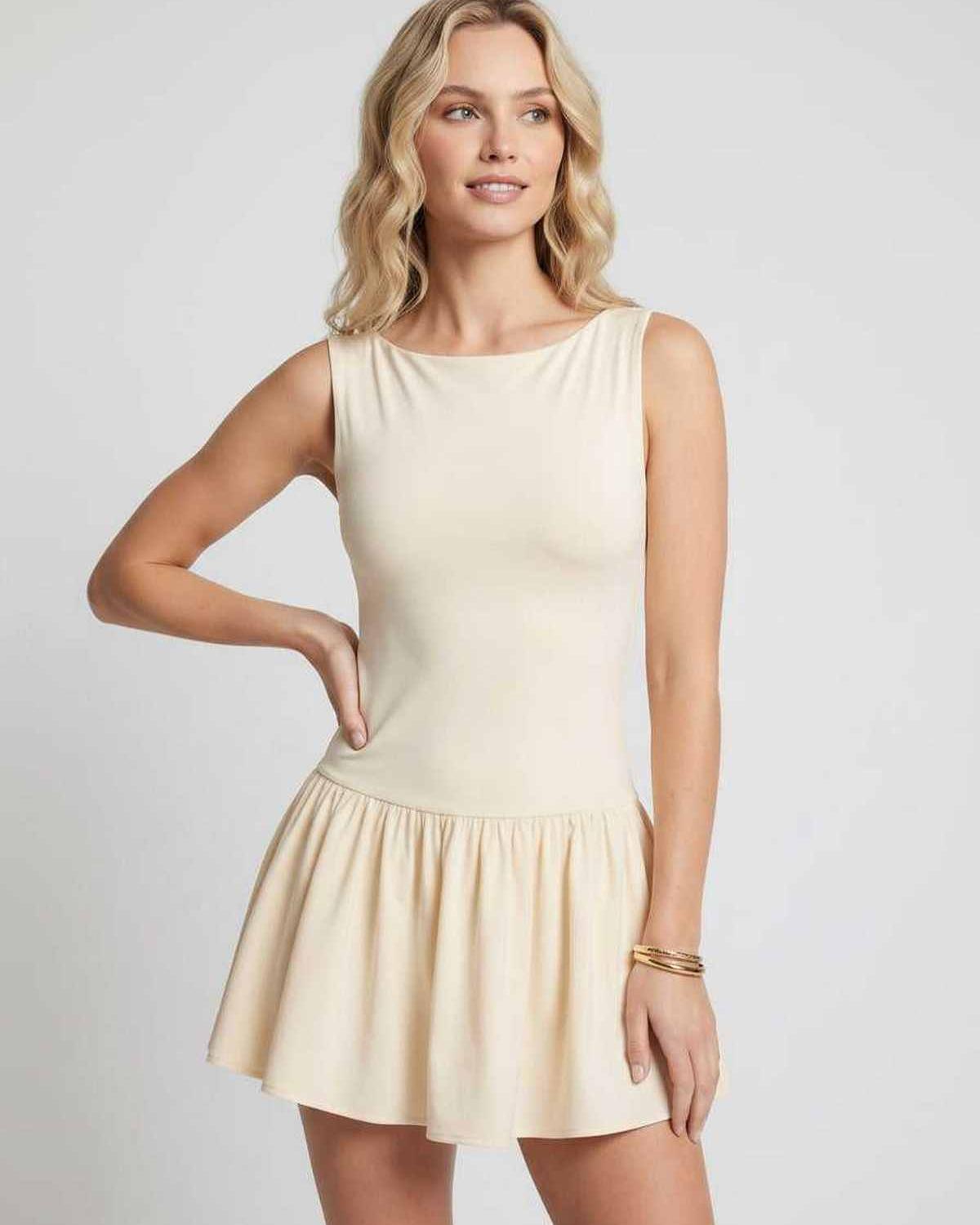 Vesper Mini Dress by Lauven — stretch knit sleeveless bateau neck drop waist pleated mini dress