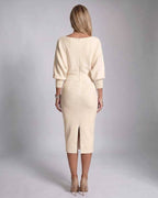 Serene Midi Dress by Lauven — knit batwing sleeve cowl neck fitted midi dress