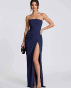 Seraphine Maxi Dress by Lauven — chiffon strapless pleated high slit maxi dress