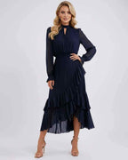 Celestia Maxi Dress by Lauven — chiffon long sleeve high neck A-line maxi dress