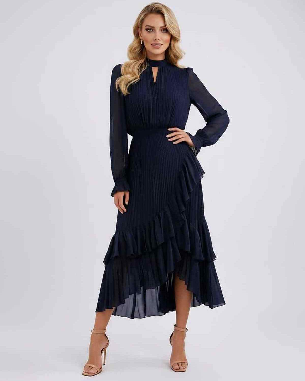 Celestia Maxi Dress by Lauven — chiffon long sleeve high neck A-line maxi dress