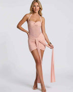 Veloura Mini Dress by Lauven — stretch mesh halter neck ruched bodycon mini dress