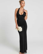 Solvienne Maxi Dress by Lauven — stretch sleeveless deep V-neck ruched maxi dress