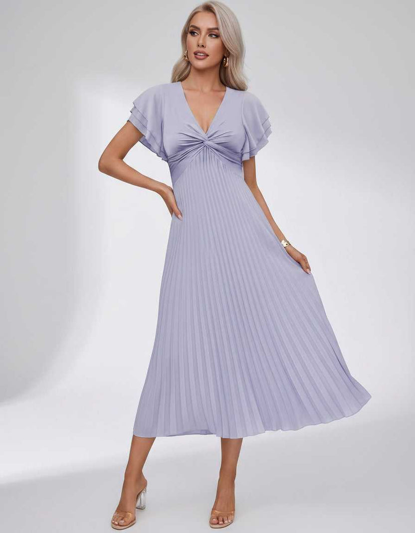Veloura Midi Dress by Lauven — pleated chiffon flutter sleeve V-neck A-line midi dress