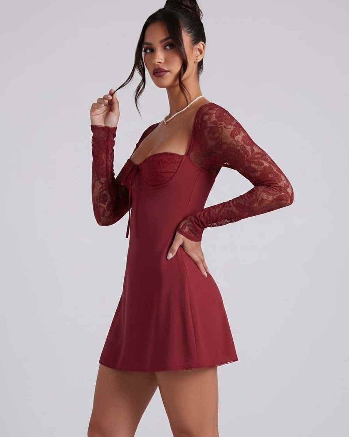 Noiré Mini Dress by Lauven — stretch long sleeve square neck fitted mini dress with lace sleeves