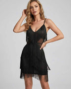 Lunara Mini Dress by Lauven — fringe sleeveless V-neck fitted mini dress with straps