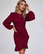 Virelle Mini Dress by Lauven — long sleeve round neck fitted mini dress with ruffle hem