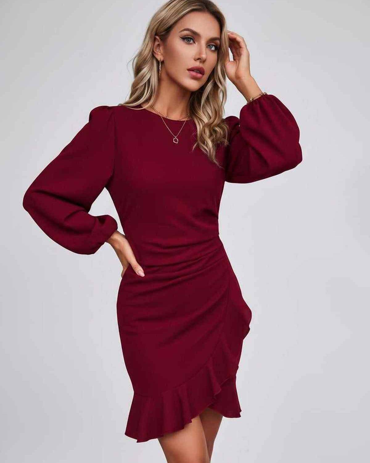 Virelle Mini Dress by Lauven — long sleeve round neck fitted mini dress with ruffle hem