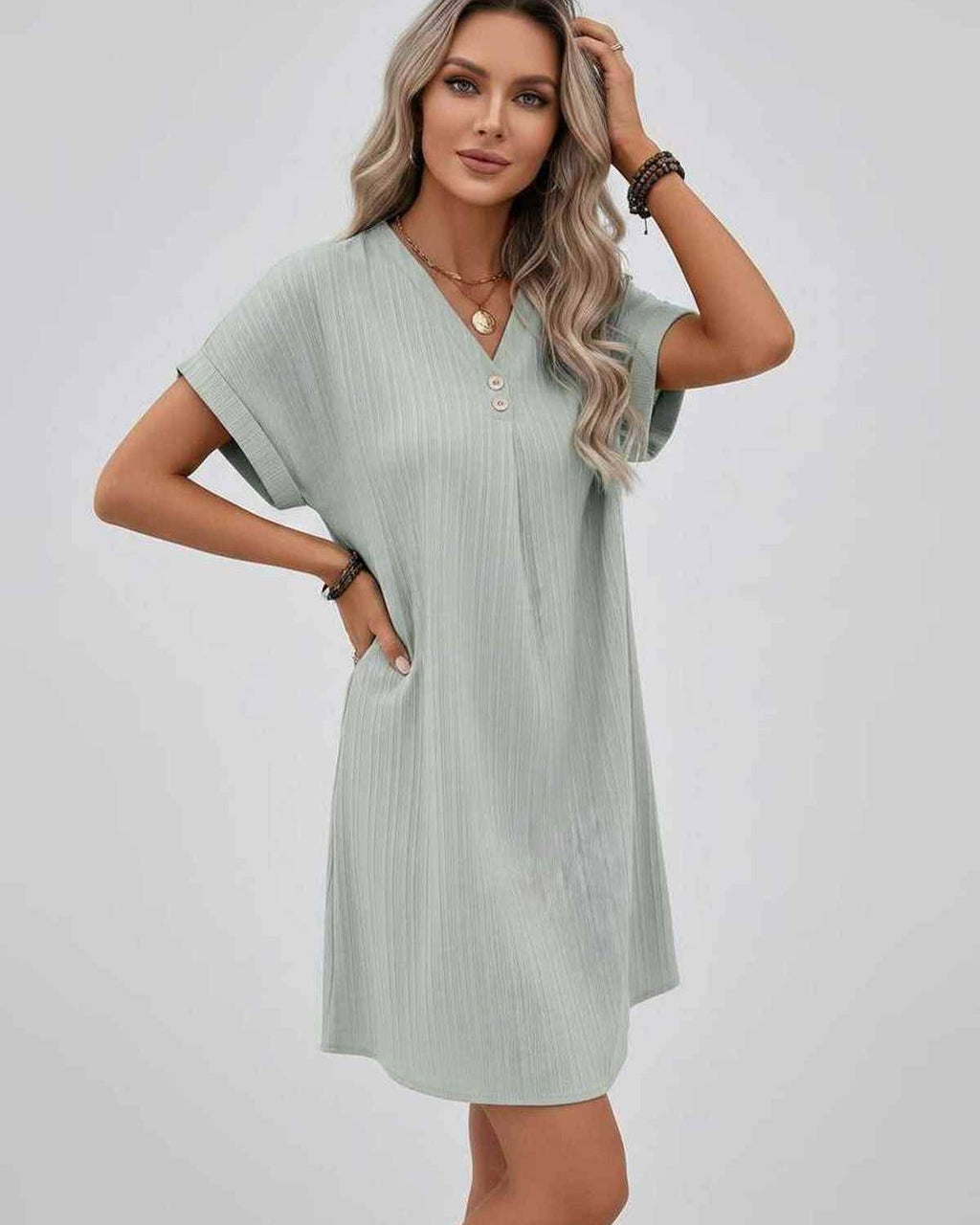 Lunelle Mini Dress by Lauven — textured short sleeve V-neck relaxed mini dress