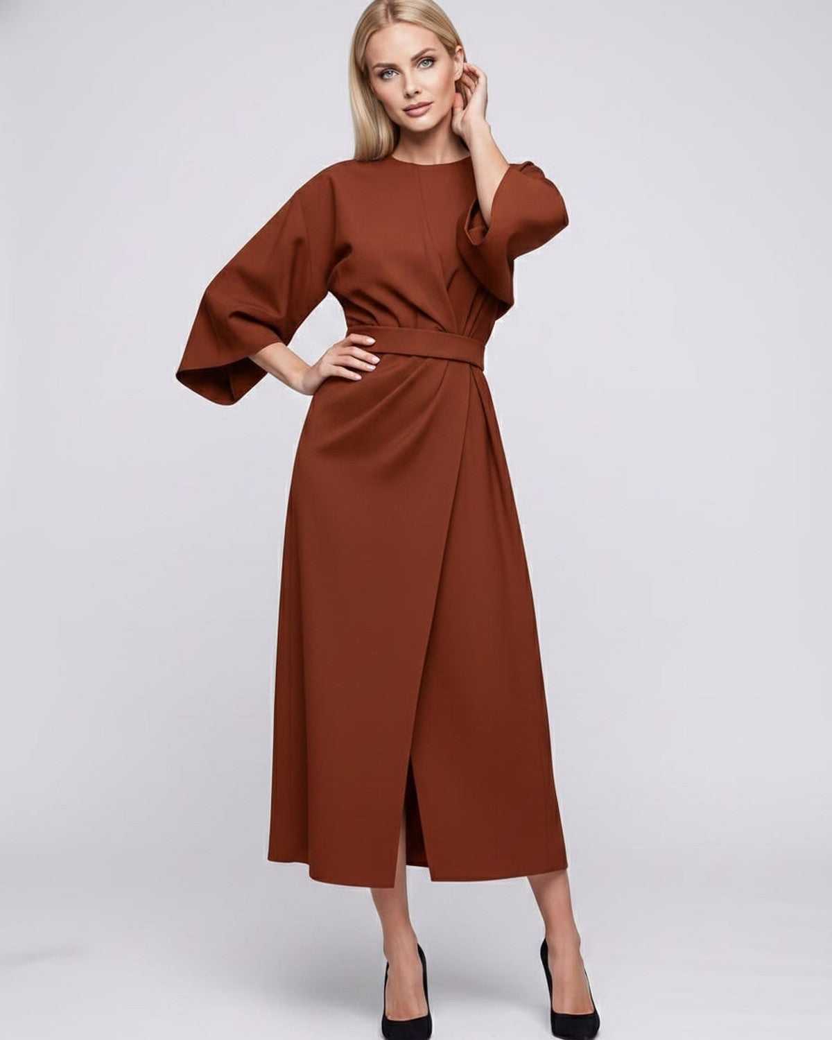 Celest Midi Dress by Lauven — breathable fabric lantern sleeve crew neck belted wrap midi dress