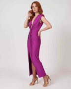 Aurelle Maxi Dress by Lauven — lightweight sleeveless deep v neck fitted maxi dress with pleats and slit