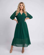 Veloura Midi Dress by Lauven — lightweight chiffon three quarter sleeve v neck A-line midi dress