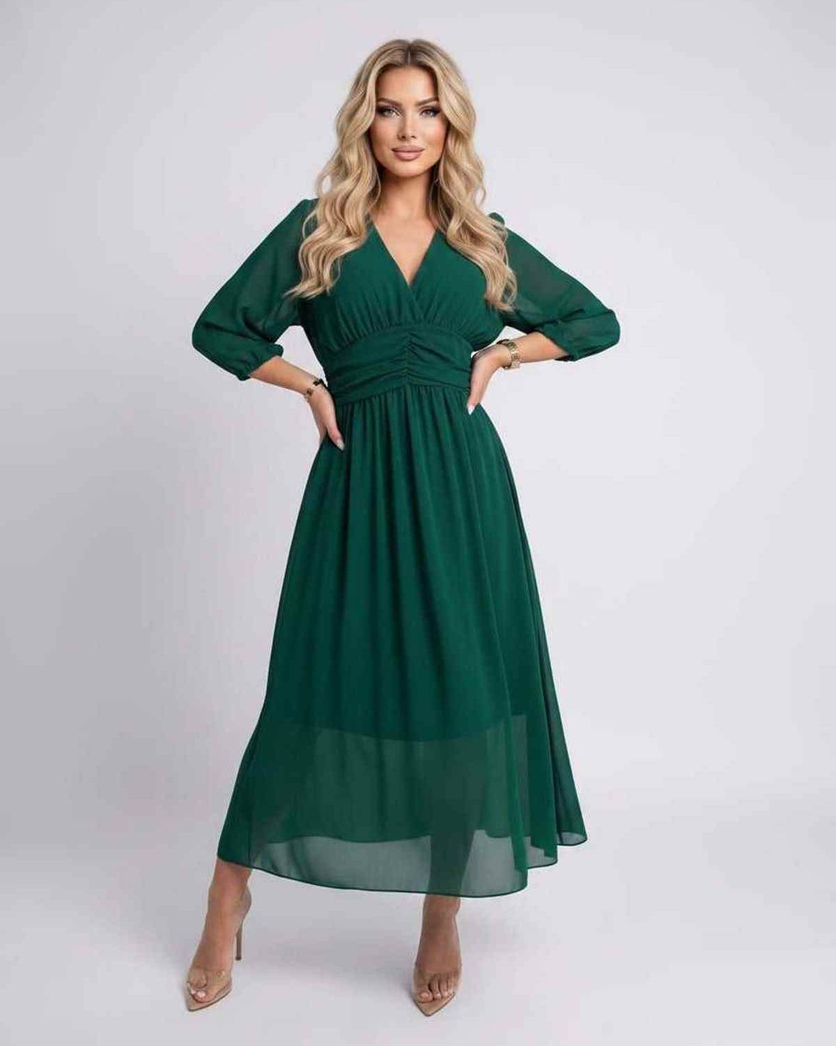 Veloura Midi Dress by Lauven — lightweight chiffon three quarter sleeve v neck A-line midi dress