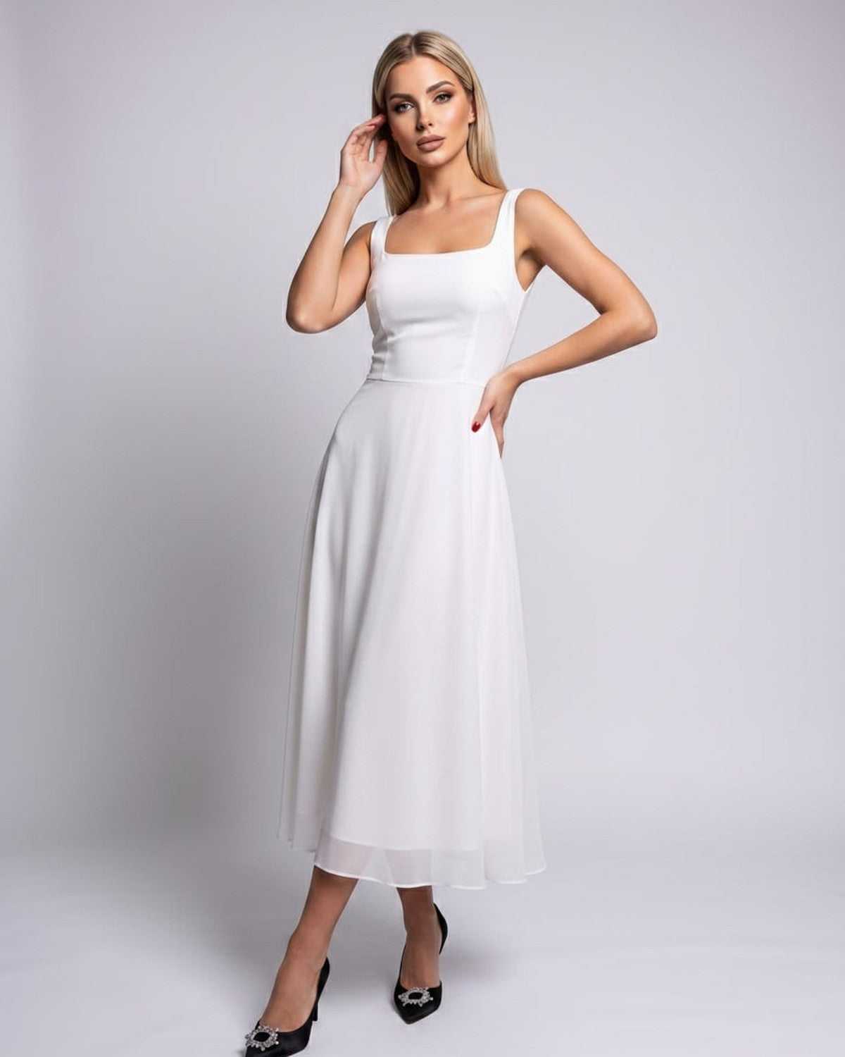 Lunara Midi Dress by Lauven — lightweight chiffon sleeveless square neck A-line midi dress