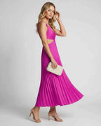 Lunara Midi Dress by Lauven — satin sleeveless V-neck flowing pleated midi dress