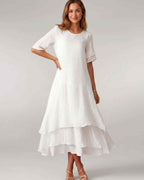 Aurelia Midi Dress by Lauven — lightweight short sleeve round neck layered midi dress