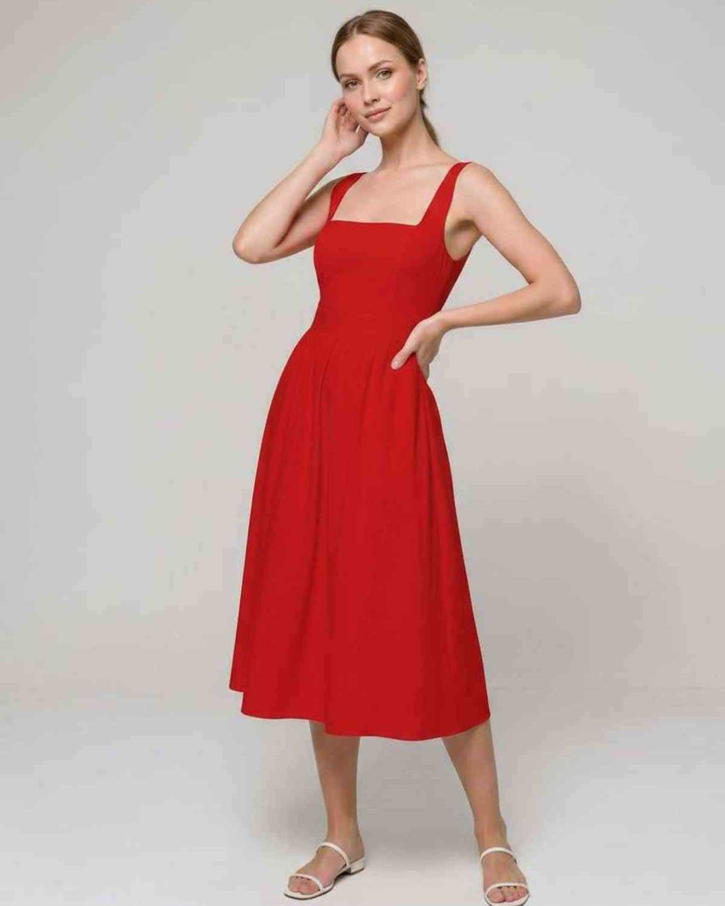 Aveline Midi Dress by Lauven — lightweight sleeveless square neck fit and flare midi dress