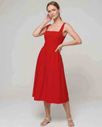 Aveline Midi Dress by Lauven — lightweight sleeveless square neck fit and flare midi dress