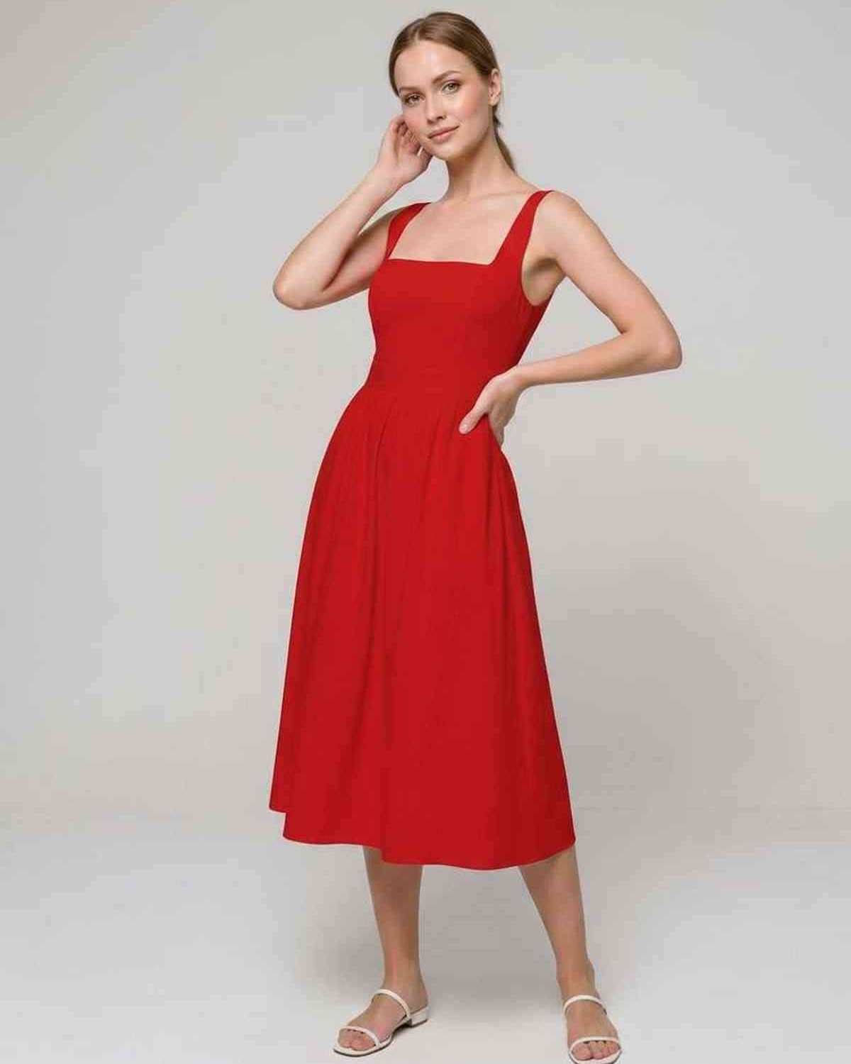 Aveline Midi Dress by Lauven — lightweight sleeveless square neck fit and flare midi dress