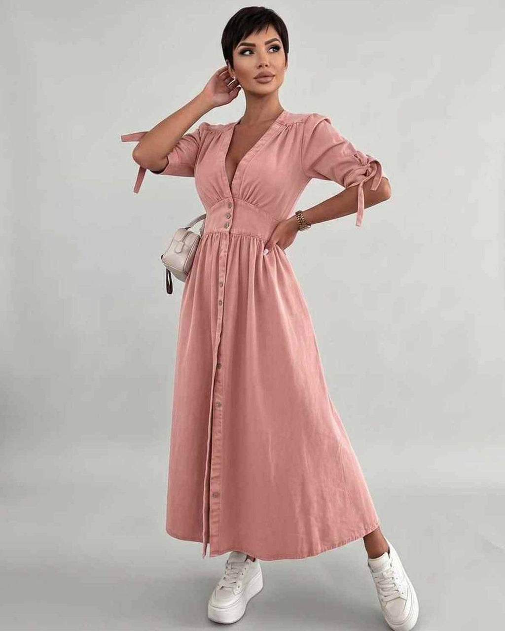 Eloria Midi Dress by Lauven — lightweight mid sleeve V-neck button front fit and flare midi dress