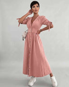 Eloria Midi Dress by Lauven — lightweight mid sleeve V-neck button front fit and flare midi dress