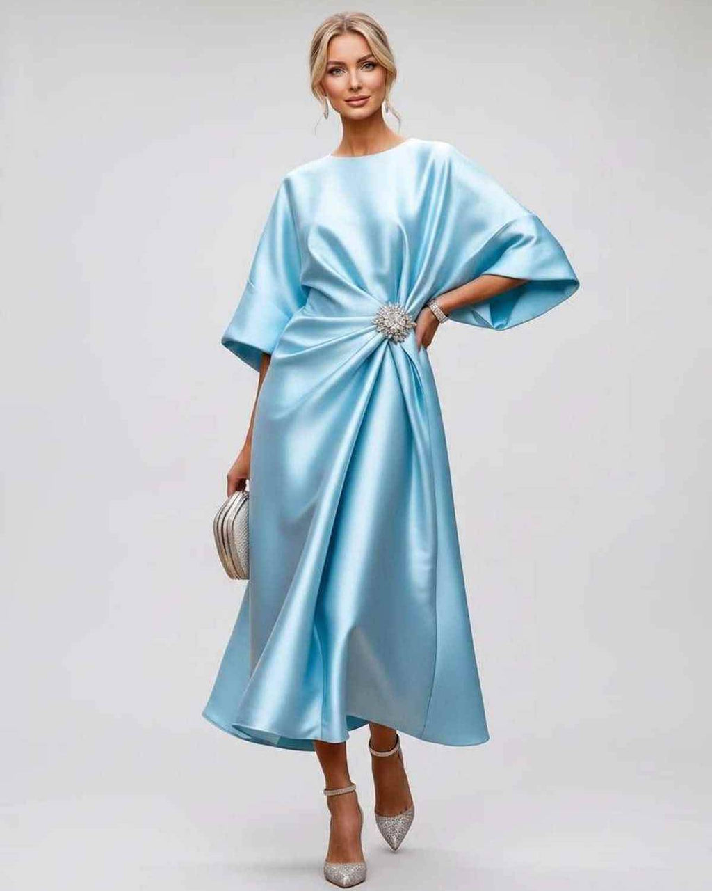 Seralyn Midi Dress by Lauven — satin kimono sleeve boat neck draped midi dress