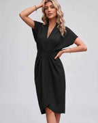 Veloura Midi Dress by Lauven — satin cap sleeve V-neck draped midi dress