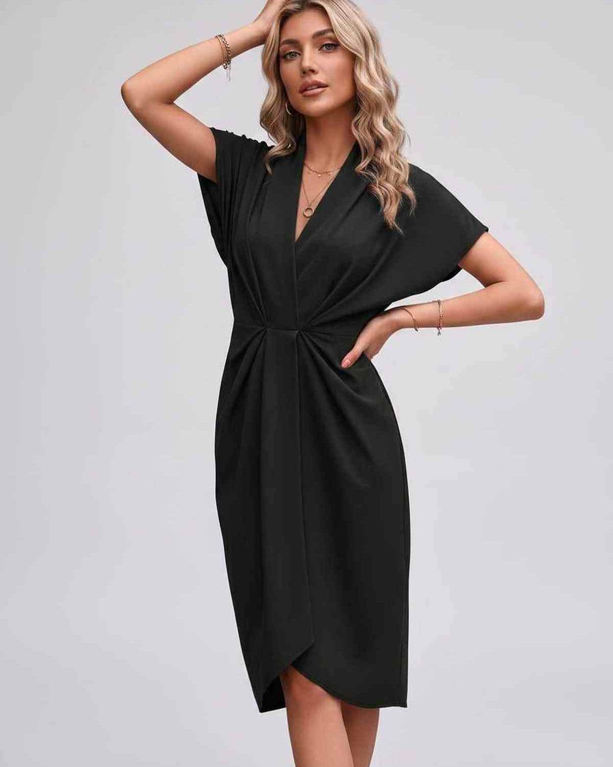 Veloura Midi Dress by Lauven — satin cap sleeve V-neck draped midi dress