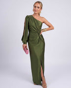 Veloura Maxi Dress by Lauven — satin one-shoulder long sleeve draped maxi dress