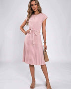 Lunessa Midi Dress by Lauven — pleated chiffon cap sleeve round neck midi dress