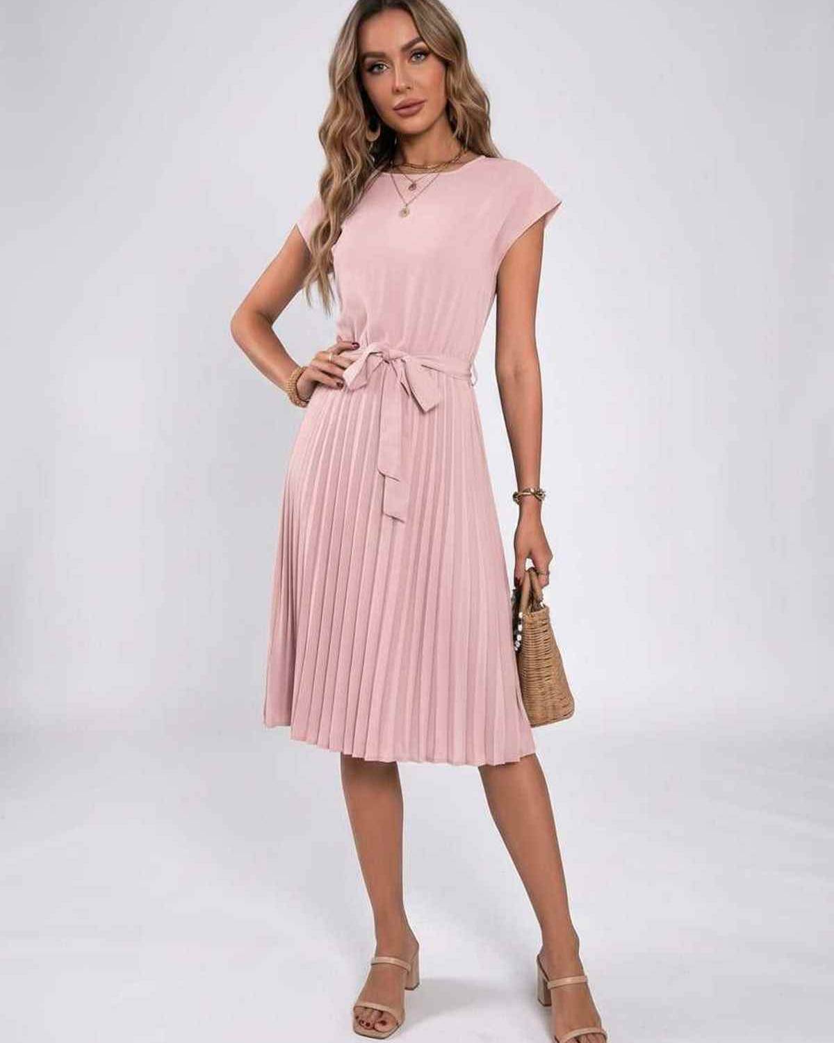Lunessa Midi Dress by Lauven — pleated chiffon cap sleeve round neck midi dress