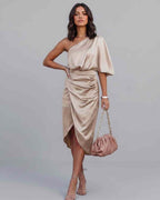 Veloura Midi Dress by Lauven — satin one shoulder draped midi dress with slit