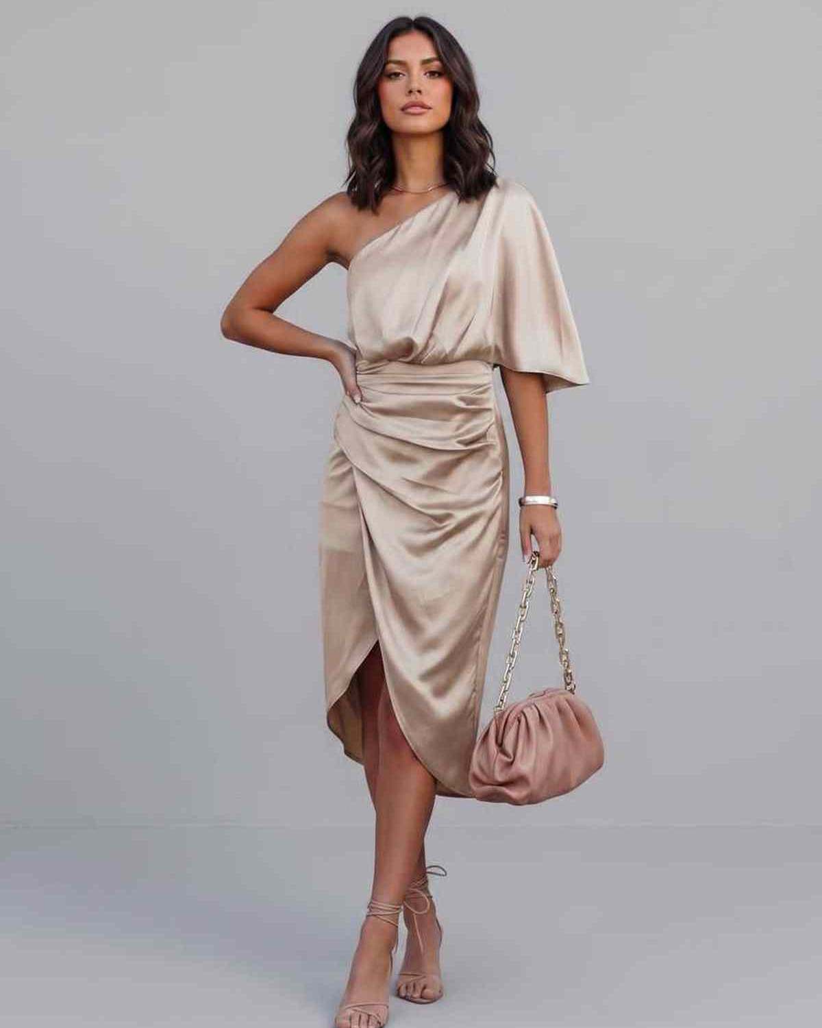 Veloura Midi Dress by Lauven — satin one shoulder draped midi dress with slit