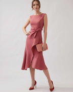 Serelune Midi Dress by Lauven — sleeveless satin midi dress with ruffle detail and fit flare silhouette