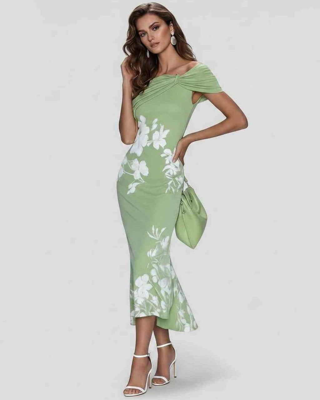 Veloura Midi Dress by Lauven — floral off shoulder satin midi dress with draped sleeves