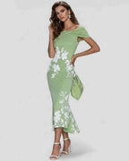 Veloura Midi Dress by Lauven — floral off shoulder satin midi dress with draped sleeves