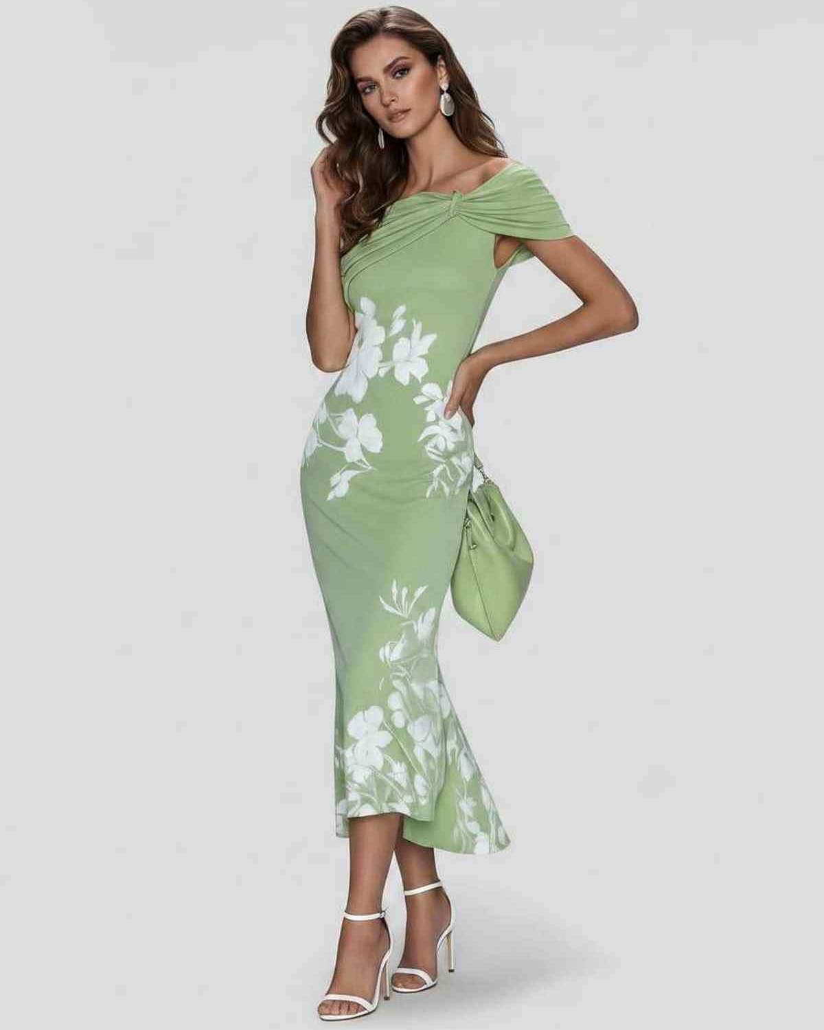 Veloura Midi Dress by Lauven — floral off shoulder satin midi dress with draped sleeves