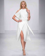 Seralyn Midi Dress by Lauven — halter sleeveless wrap midi dress with tie waist and front slit