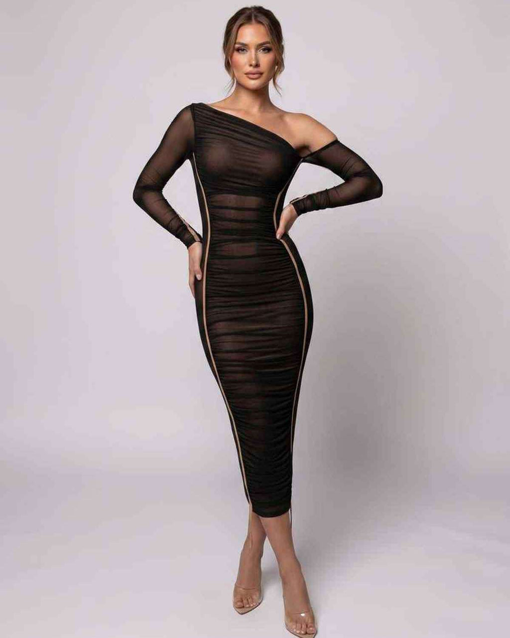 Veloura Midi Dress by Lauven — one shoulder long sleeve ruched bodycon midi dress