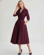 Serelune Midi Dress by Lauven — satin blend 3/4 sleeve V-neck A-line midi dress