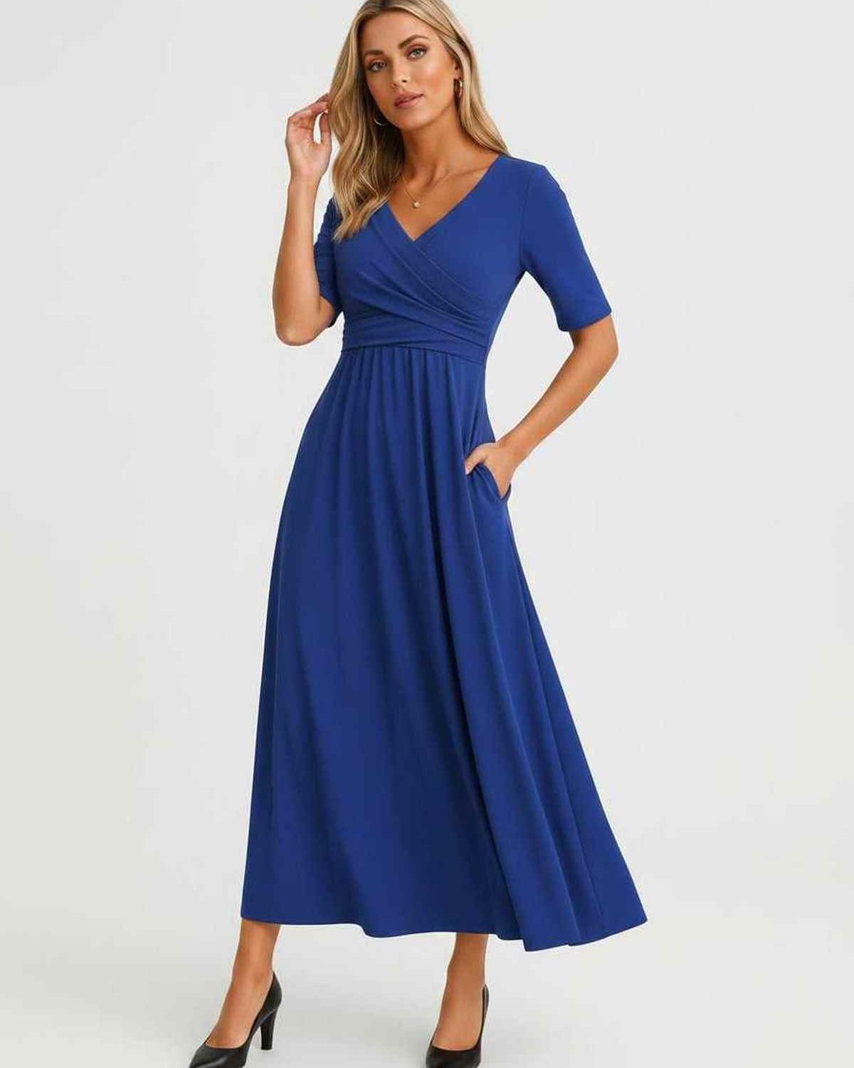 Velmira Midi Dress by Lauven — soft stretch short sleeve V-neck A-line midi dress